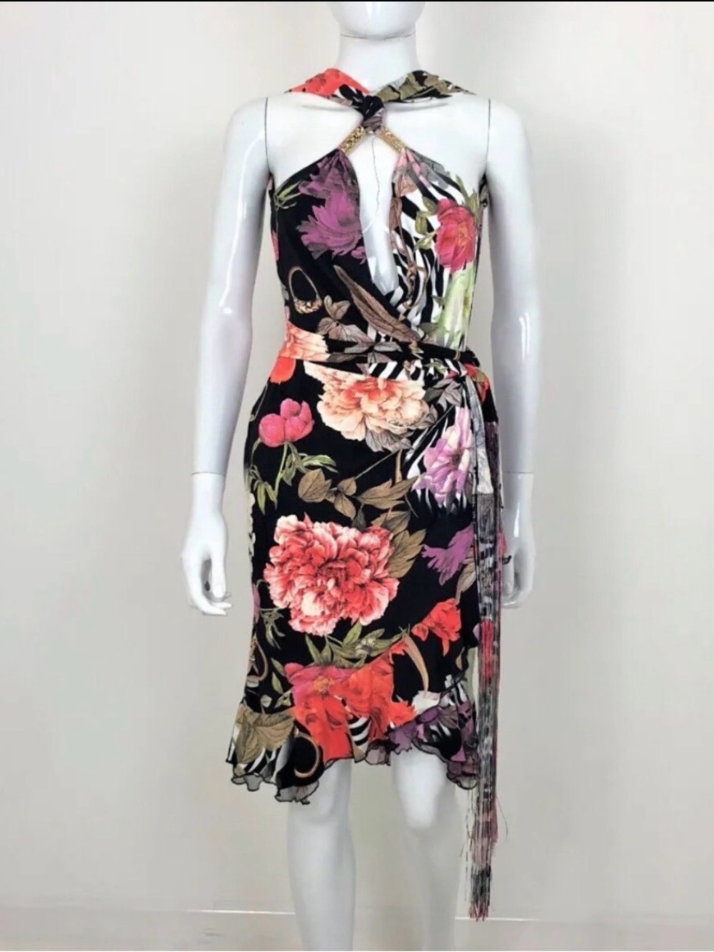 Authentic CLASS by Roberto Cavalli Floral Midi Ruffle Dress w Tassel Belt 46